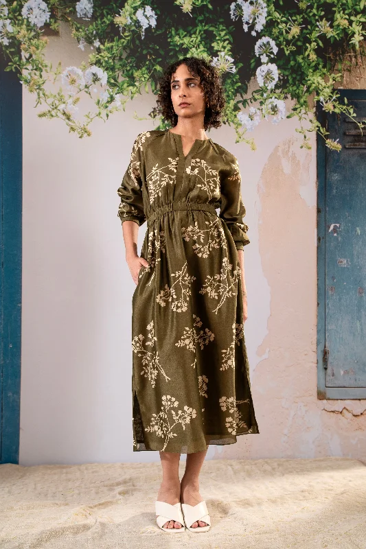 Olive Disharge Print Elasticated Waist Dress Tunics Recommended stylist