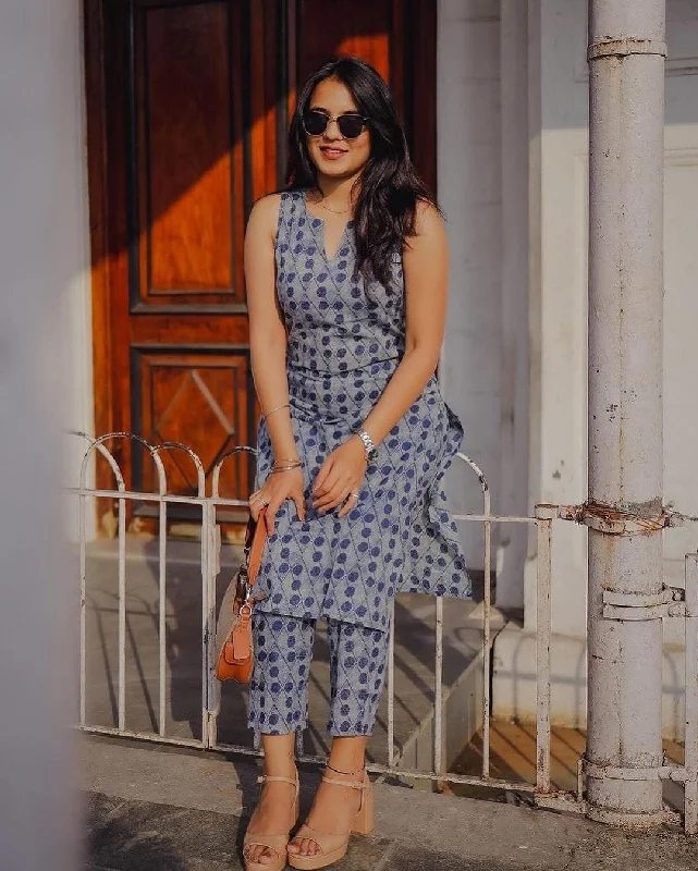 Women's Indigo Cotton Kurti Set With Pant - N For Nari Cozy Lounge Pants