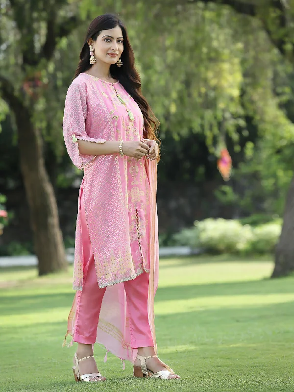 Juniper Pink Ethnic Motif Printed Georgette Kurta Pants & Dupatta Set With Tassels & Lace Comfy Athletic Pants