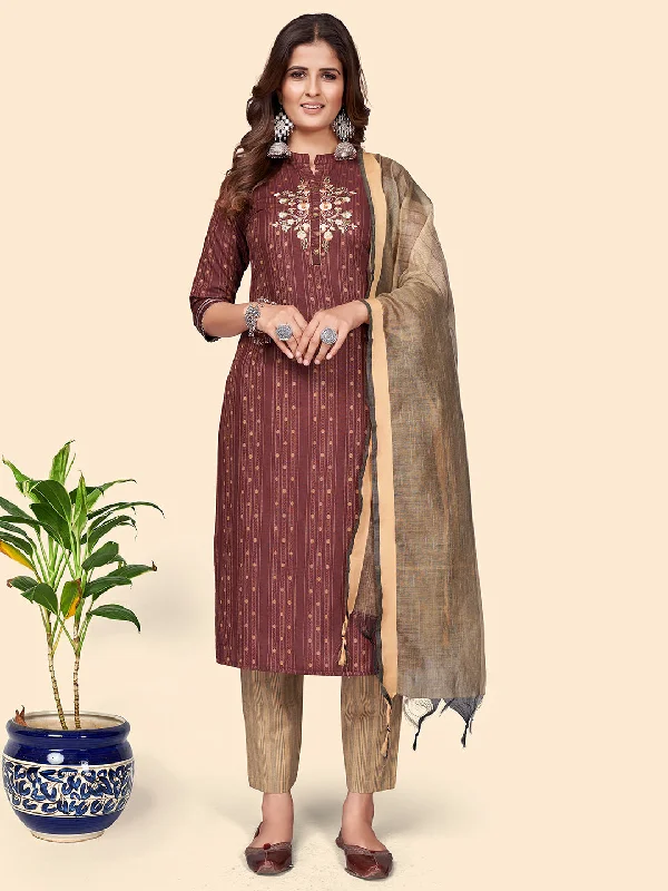 Women's Print & Embroidered Straight Cotton Blend Maroon Stitched Kurta Pant With Dupatta - Vbuyz Soft Wool Pants