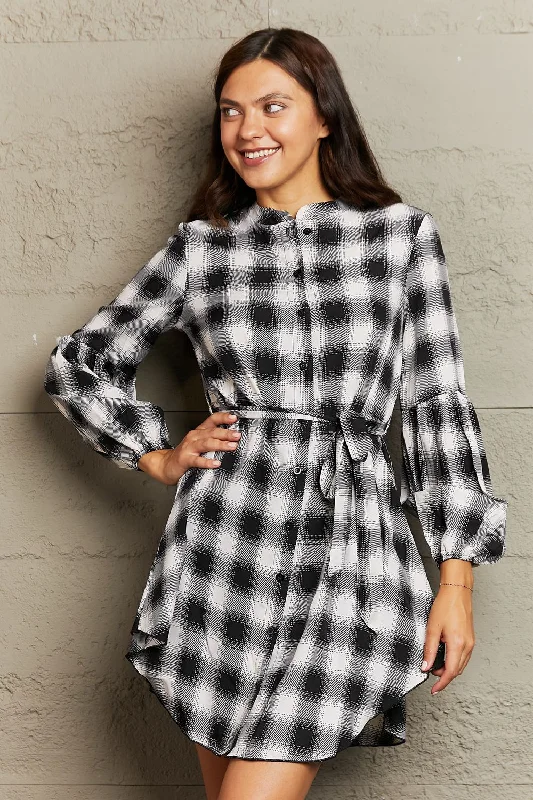 Plaid Tie Waist Lantern Sleeve Mini Dress Cozy Sweater Mini Dress