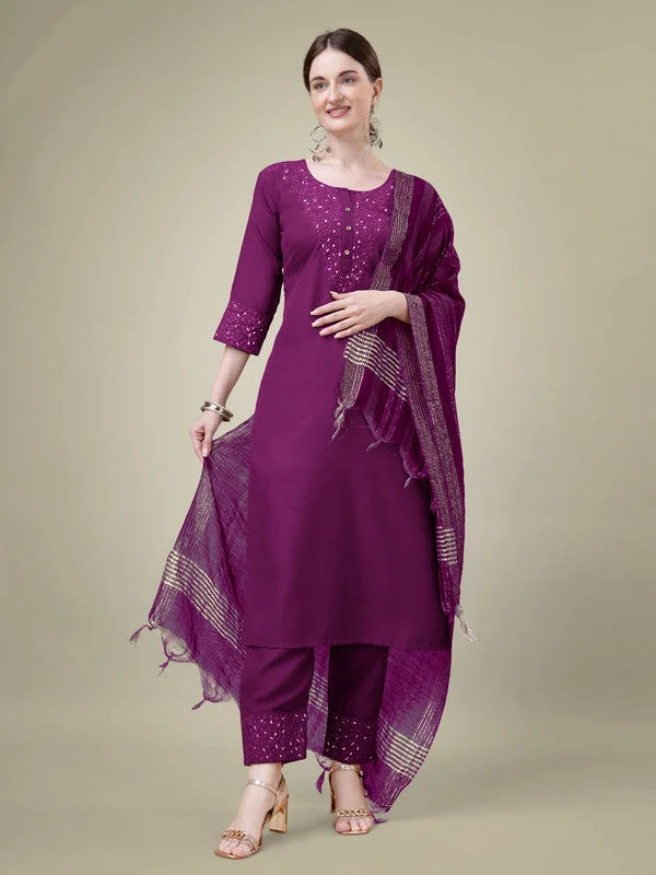 Women's Embroidered Purple Cotton Blend Kurta Pant Dupatta Set - Malishka Export Sleek Black Pants