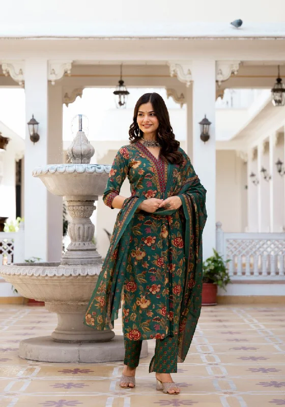 Women's Knee Length Flared Anarkali Kurti And Pant Set With Printed Dupatta - Modestouze Attires Formal Dress Pants
