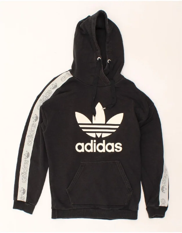 ADIDAS Womens Graphic Hoodie Jumper UK 12 Medium Black Cotton Hoodie with Cropped Fit Short Trendy