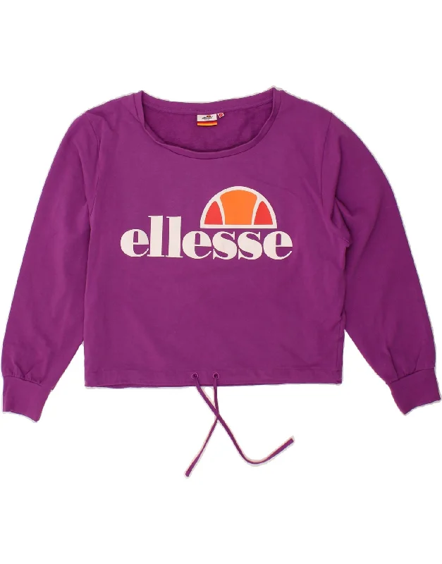 ELLESSE Womens Graphic Sweatshirt Jumper UK 14 Medium Purple Cotton Hoodie with Slit Hem Functional Movement