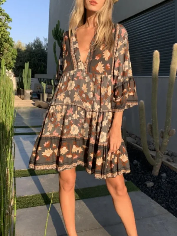 Women Floral V-Neck Flared Sleeve Mini Dress Elegant Lace-Up Mini Dress