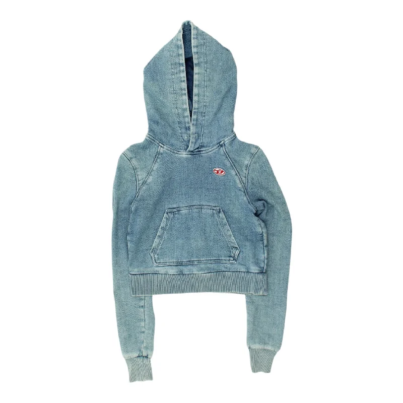 Diesel Womens Faded Blue Cropped Hoodie | Vintage High End Designer Hoody VTG Hoodie with Velcro Closure Adjustable Secure