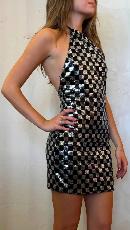 On The Mark Mini Dress - Checkerboard Fashionable Mini Dress with Pockets