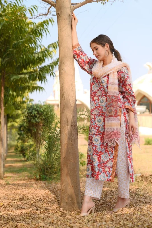Women's Red Cotton Floral Printed Kurta Pant Set With Dupatta - Malishka Export Comfortable Denim Leggings