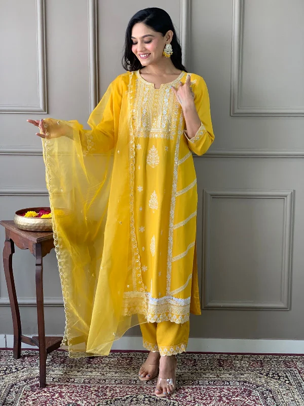 Women's Yellow Rayon Embroidered Kurta Pant With Organza Dupatta - N For Nari Comfortable Denim Trousers