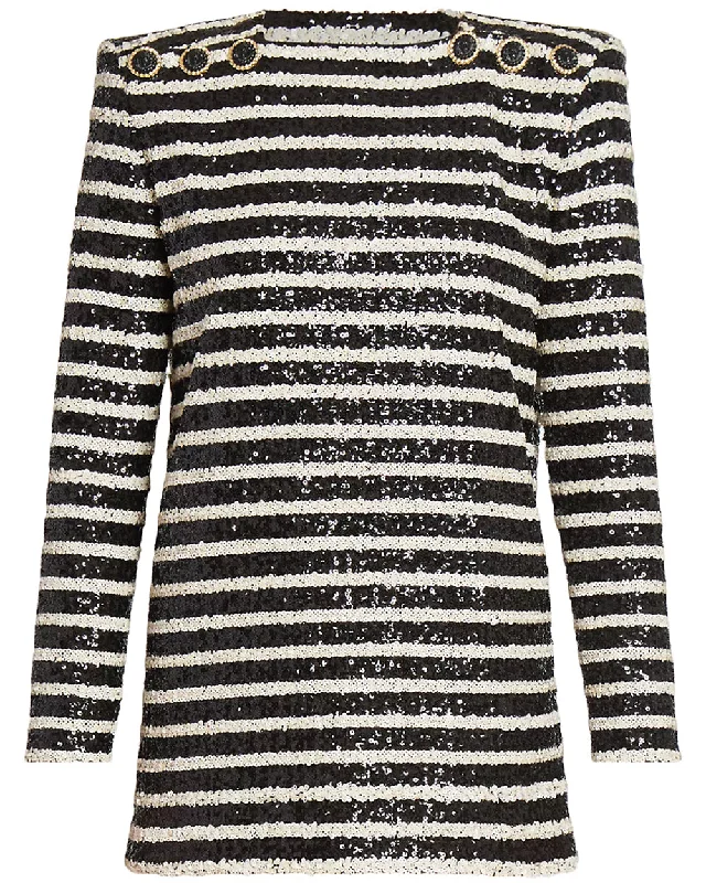 Noir and Blanc Stripe Glittered Mini Dress Cozy Knitted Mini Dress