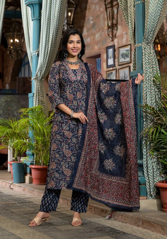 Women's Blue Embroidery Viscose Rayon Kurta, Pant And Dupatta Set - Alvami Soft Cotton Pants
