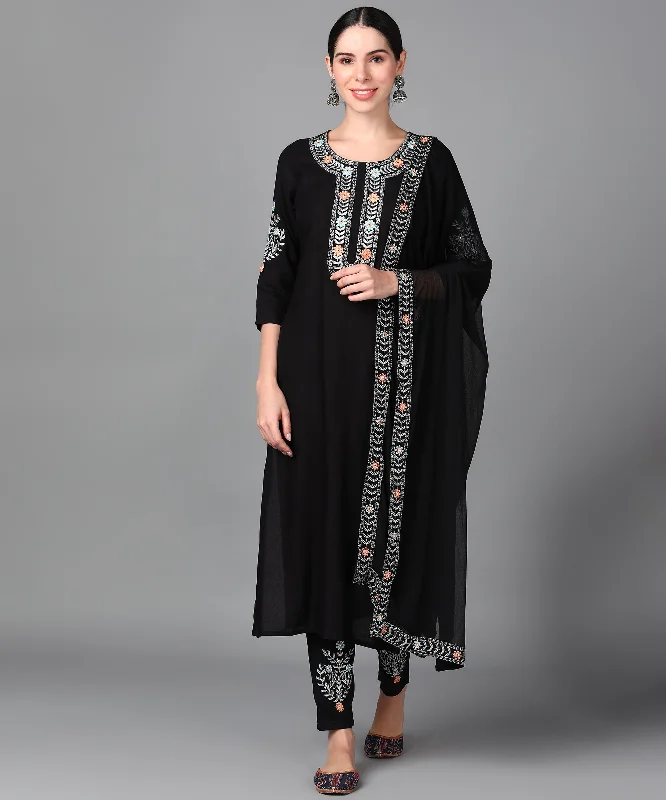 Women's Rayon Embroiderd Work Black Straight Kurta Pant With Dupatta Set - AAYUMI Trendy Printed Leggings