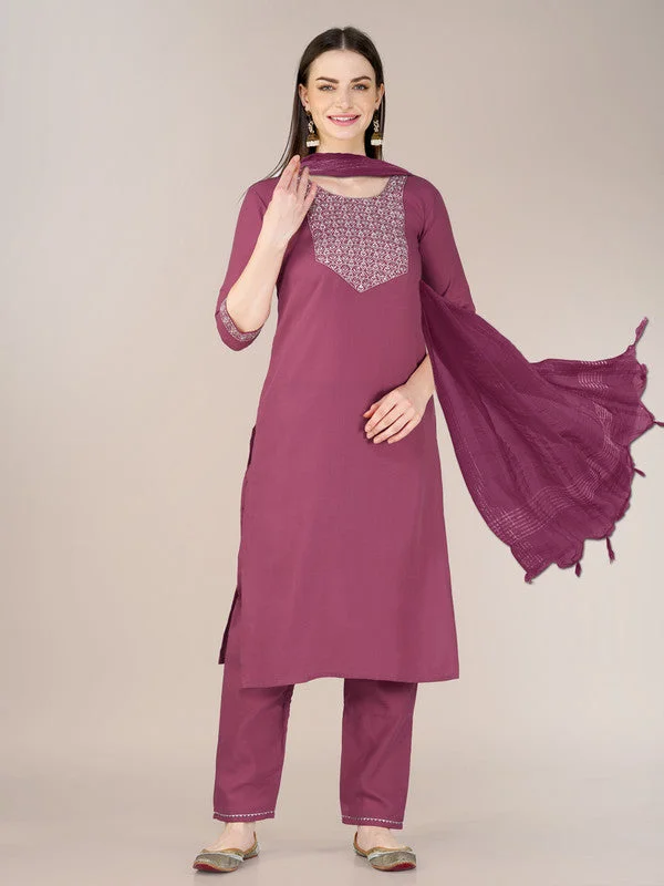 Malishka Women's Embroidered Wine Cotton Blend Kurta Pant Set Trendy Wide-Legged Trousers