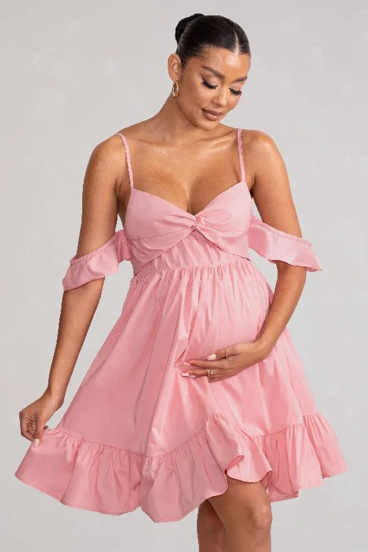 Kai | Blush Cami Babydoll Maternity Mini Dress With Ruffle Cold Shoulder Sleeves Fashionable Mini Dress with Frills