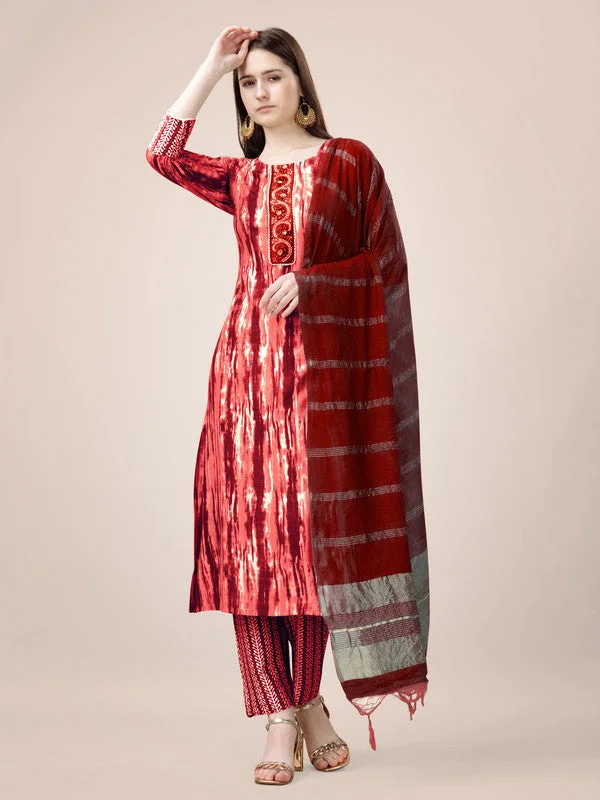 Malishka Women's Embroidered & Printed Orange Rayon Kurta Pant Set Chic Checkered Pants