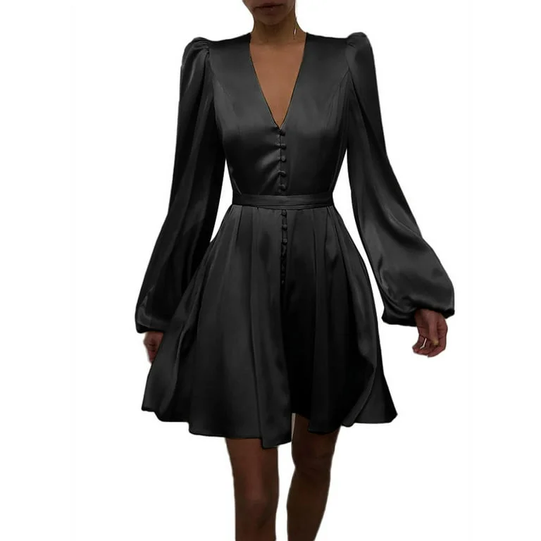 Celmia Women Long Sleeve Mini Dress Silk Satin Party Elegant Casual Pleated A Line Dress S3170740 Stylish Spaghetti Strap Mini Dress