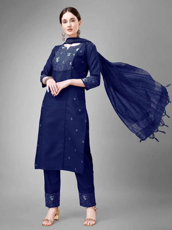 Women's Embroidered Cotton Blend Kurta Pant Dupatta Set - Malishka Export Elegant High-Waist Pants