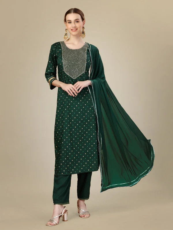 Women's Embroidered Silk Blend Kurta Pant Dupatta Set - Malishka Export Lightweight Linen Pants