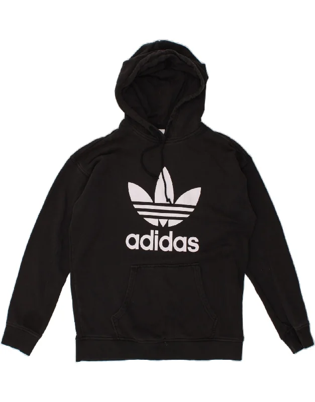 ADIDAS Womens Graphic Hoodie Jumper UK 14 Large Black Cotton Hoodie with Snap Buttons Easy Quick