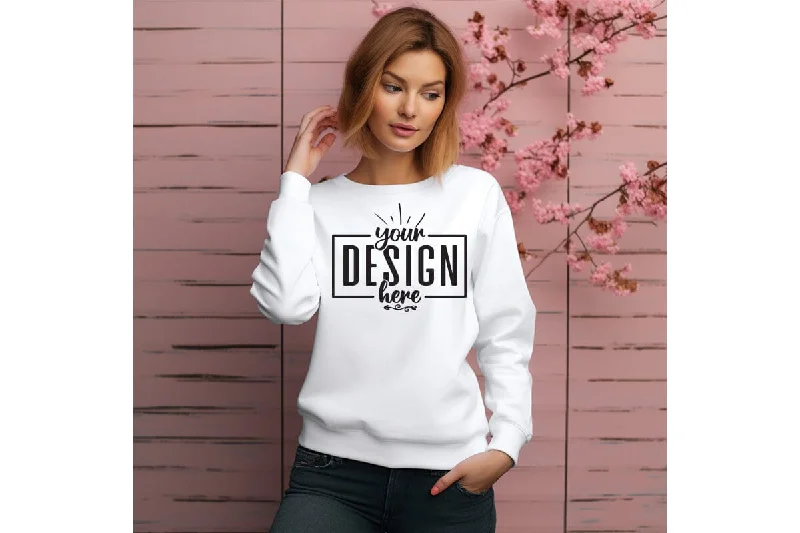 Gildan 18000 Woman White Sweatshirt Mockup Hoodie with Rhinestones Sparkly Elegant