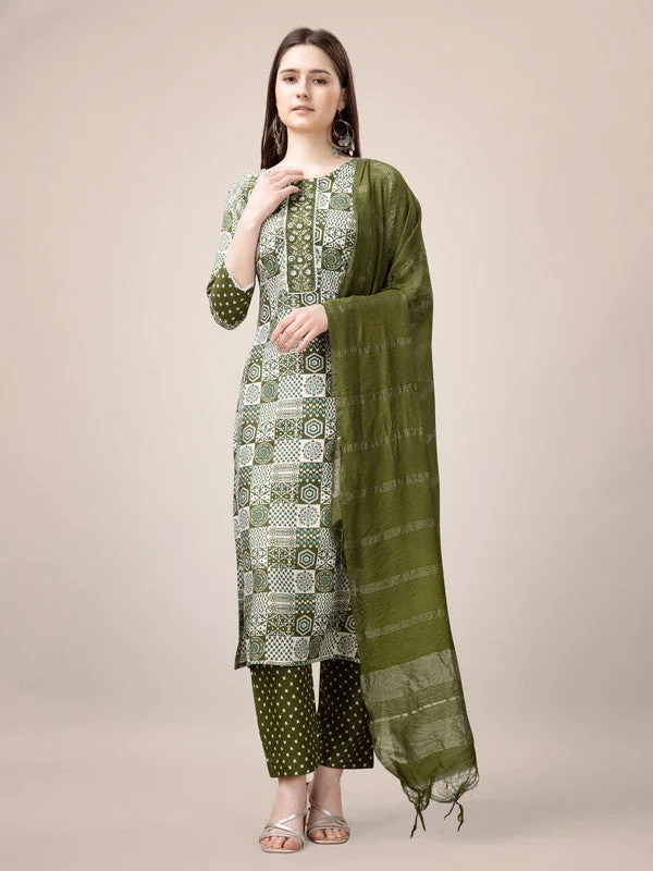 Malishka Women's Embroidered & Printed Mehendi Rayon Kurta Pant Set Formal Linen Trousers