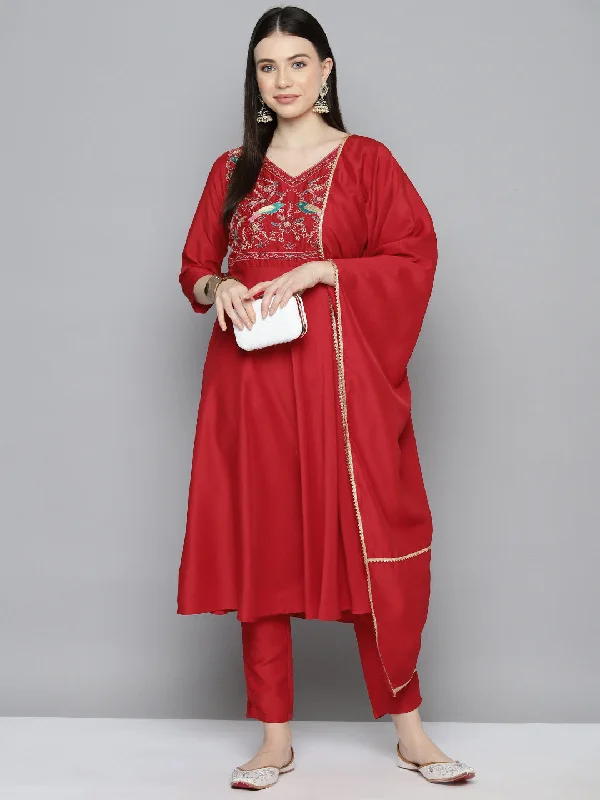 Embroidered Silk Flared Kurta,Pant With Dupatta Set Red - Rasiya Soft Sweatpants Style