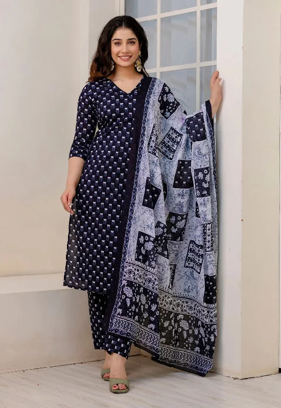 Women's Blue Viscose Printed Kurta And Pant Set With Dupatta - Alvami Casual Sweatpants Style