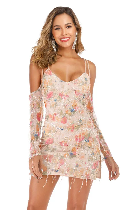 Off-the-shoulder Crisscross Sequined Slit Tassel Mini Dress Fashionable Mini Dress with Frills
