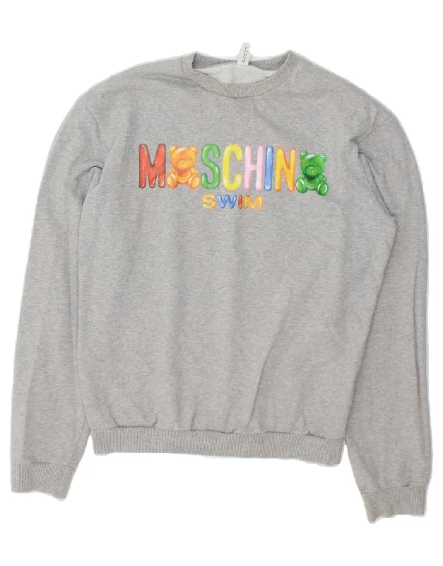 MOSCHINO Womens Graphic Sweatshirt Jumper UK 6 XS Grey Cotton Hoodie with Hem Contrast Bold Stylish