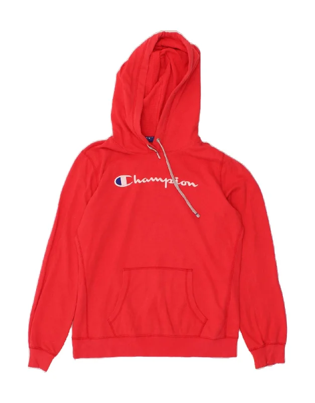 CHAMPION Womens Graphic Hoodie Jumper UK 14 Large Red Hoodie with Sequins Glamorous Eye-catching