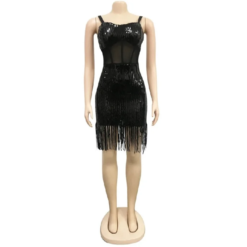 Summer Women Mini Dress Mesh Strapless Sequined Tassel Night Club Party Sexy Bandage Street Elegant Dresses Size L - S4542580 Cozy Jersey Mini Dress