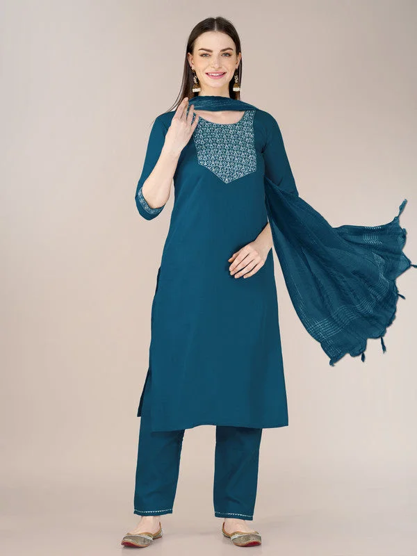 Malishka Women's Embroidered Morpichh Cotton Blend Kurta Pant Set Cozy Fitted Pants