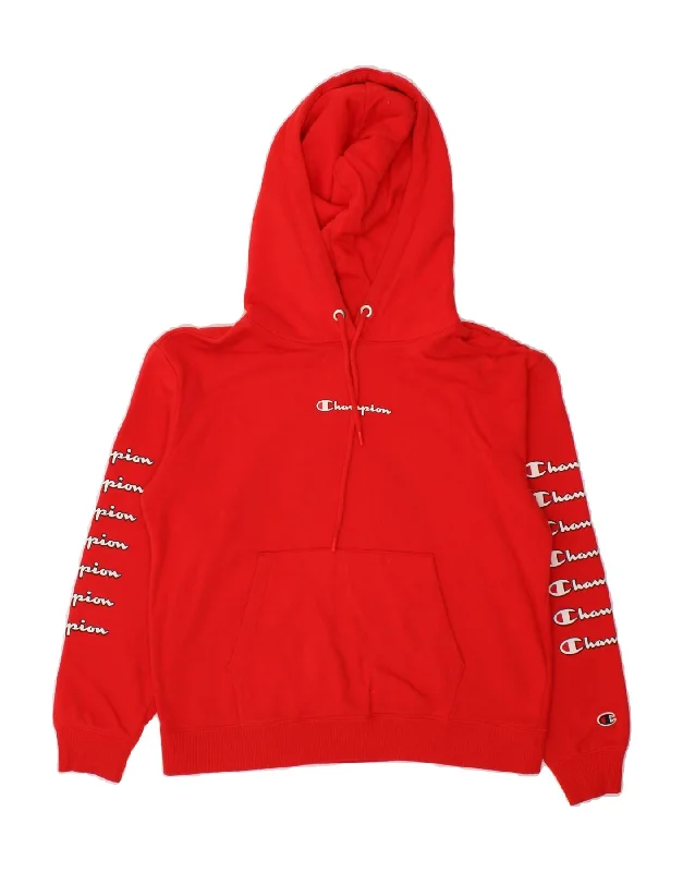 CHAMPION Womens Graphic Hoodie Jumper UK 10 Small Red Hoodie with Ribbed Cuffs Snug Fit Comfort