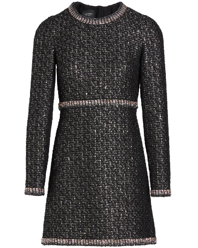Black and Silver Micro Sequin Boucle Mini Dress Stylish Sweetheart Mini Dress