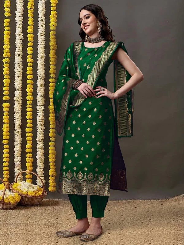 Malishka Women's Silk Jacquard Floral Green Kurta Pant Set With Dupatta Casual Track Pants