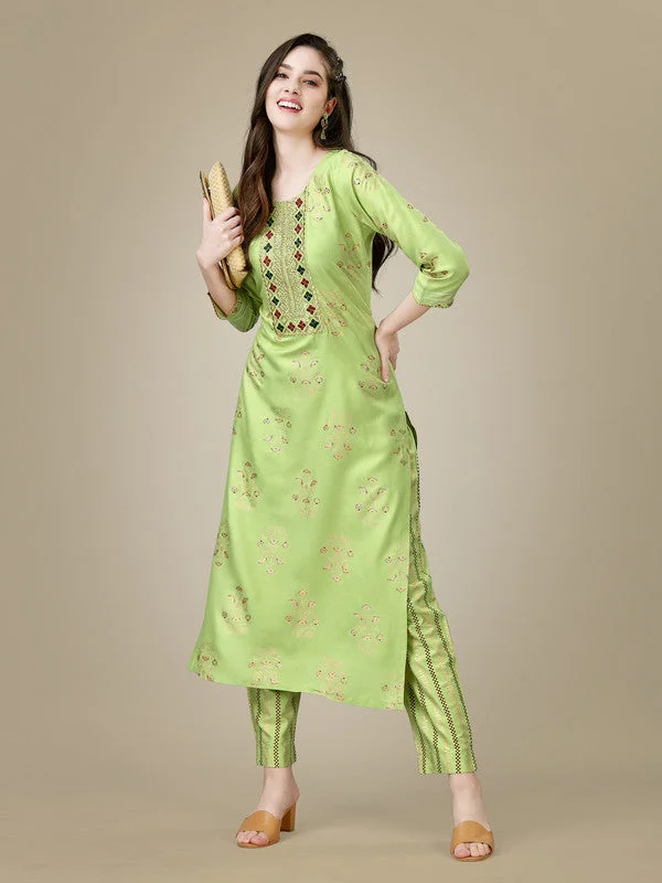 Women's Light Green Rayon Embroidered Kurta Pant Set - Jyoti Fashion Classic Bootcut Trousers