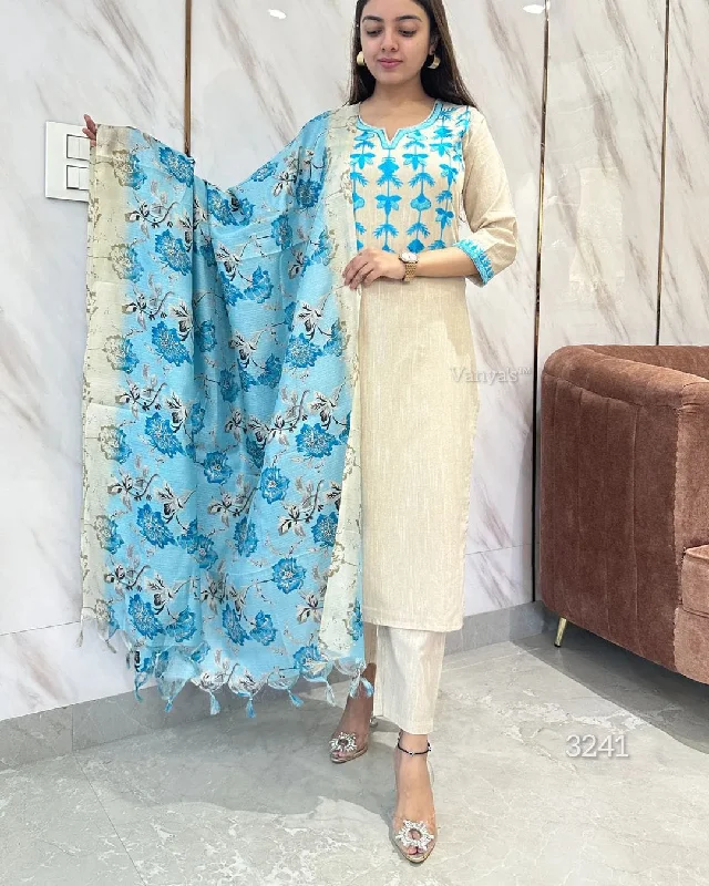 Women's Blue White Cotton Kurta Pants With Aari Embroidery - N For Nari Chic Wool Trousers