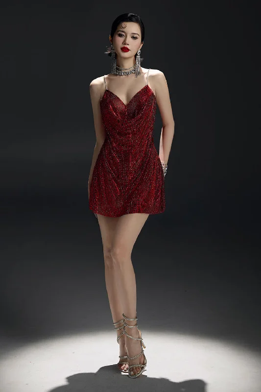 Glimering Gala A-line Spaghetti Strap Mesh Mini Dress Fashionable Summer Mini Dress