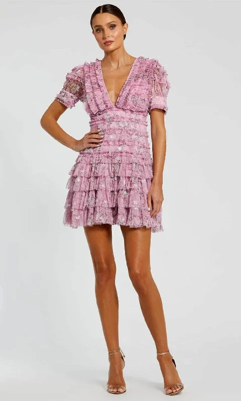 Ieena Duggal 8092 - Puff Sleeve V-Neck Cocktail Dress Square Neckline Feminine