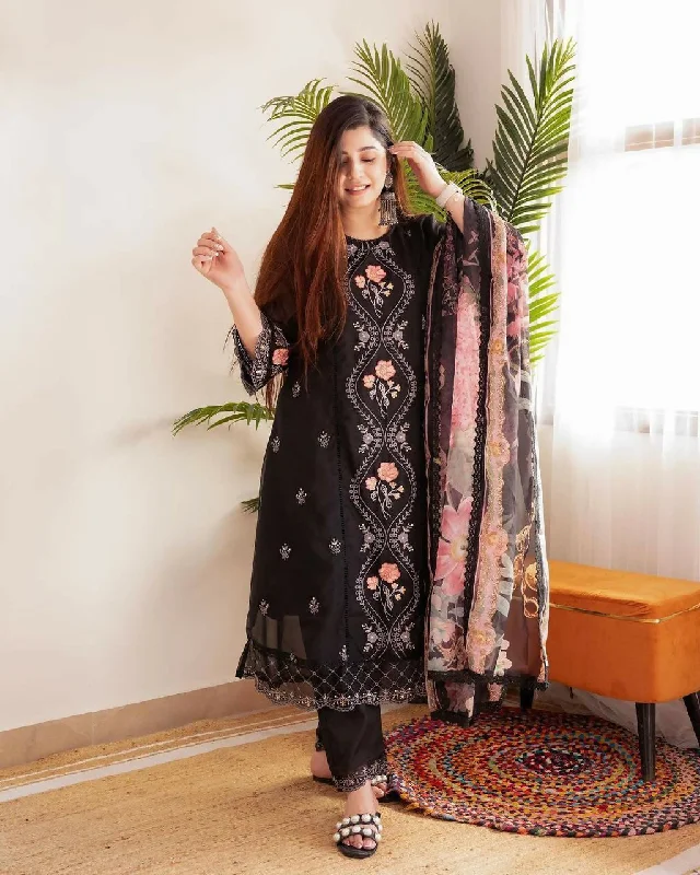 Preksha Creation Pure Organza Fabric With Embroidery Work Women Gown With Dupatta And Pant - Brown Cozy Fitted Pants
