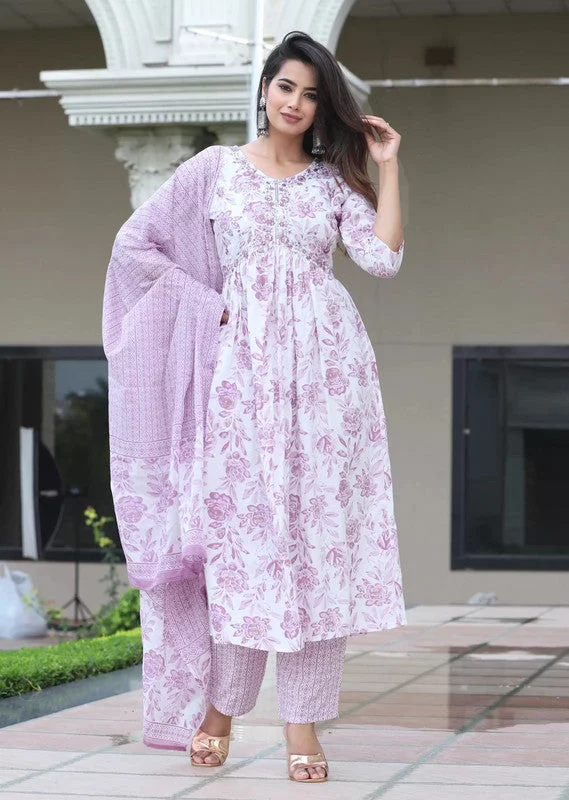 Malishka Women's Viscose Floral Printed Nayra Cut Kurta Pant With Dupatta Fashionable Tapered Leg Pants