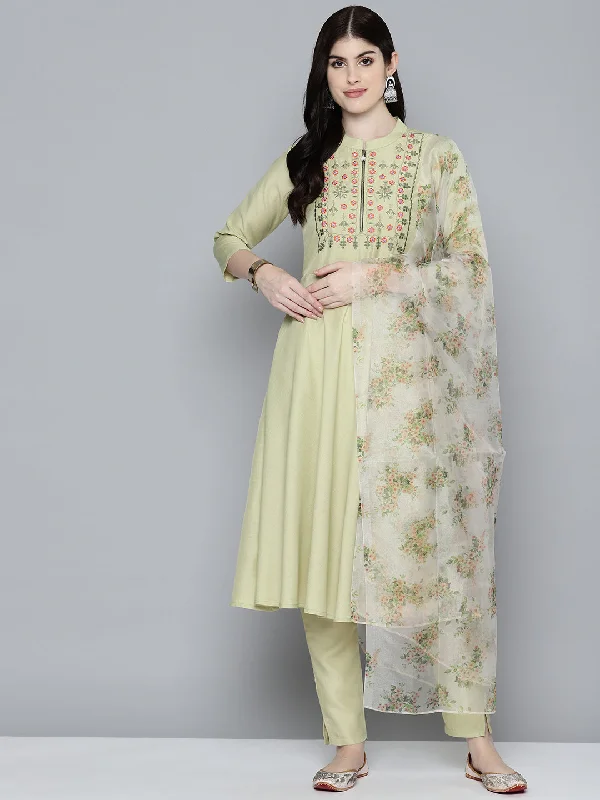Embroidered Falred Kurta, Printed Dupatta With Pants Lime - Rasiya Warm Wool Trousers