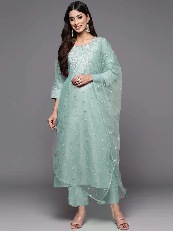 Malishka Women's Firozi Gold Poly Silk Embroidery Kurta Pant Set With Dupatta High-Waist Trousers