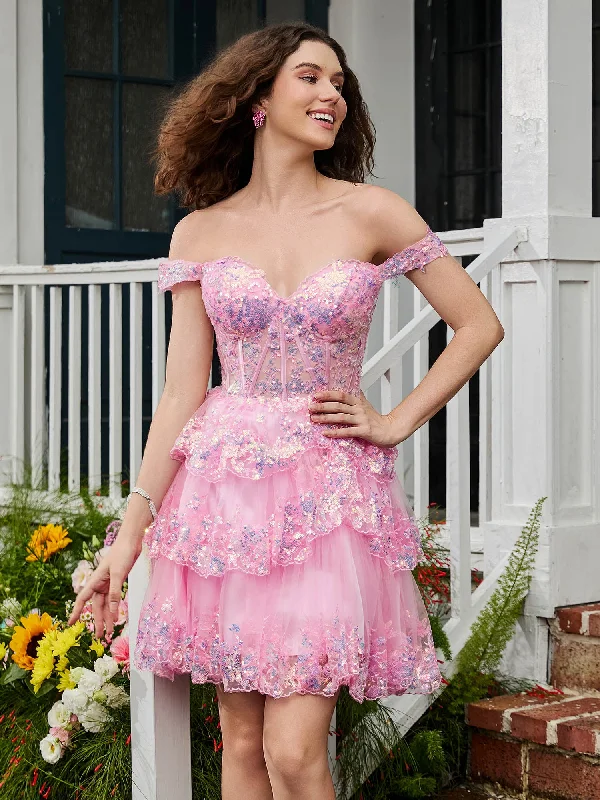 Sweetheart Sequins Tiered Tulle A-line Mini Dress Blushing Pink Fashionable Lace Mini Dress