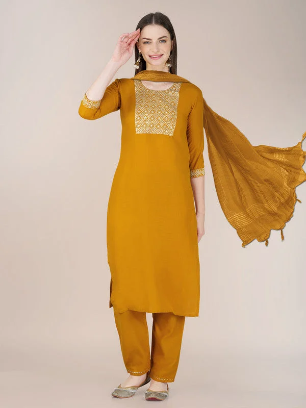 Malishka Women's Embroidered Yellow Cotton Blend Kurta Pant Set Casual Drawstring Pants