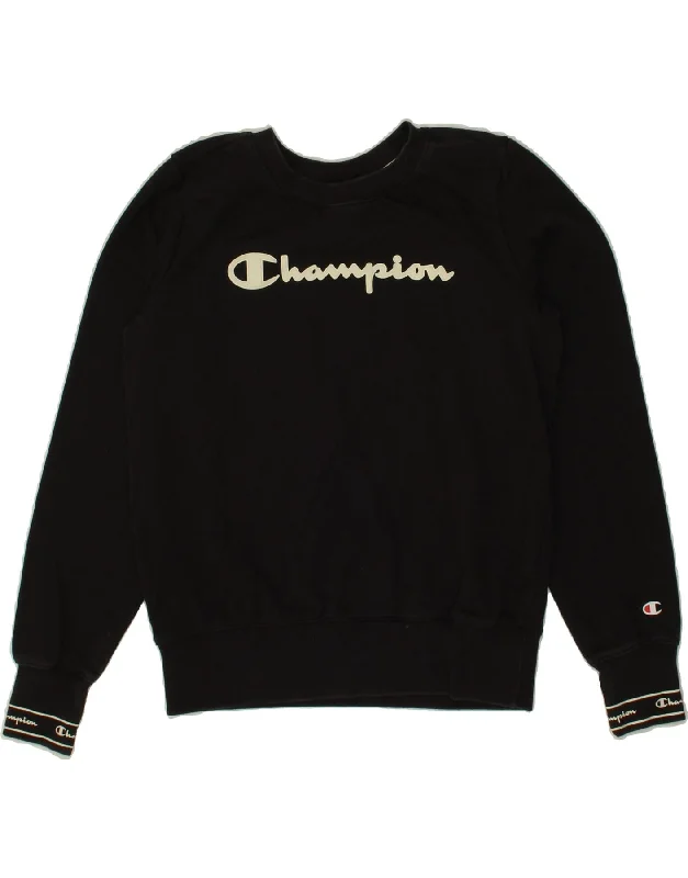 CHAMPION Womens Crop Graphic Sweatshirt Jumper UK 14 Medium Black Cotton Hoodie with Print Artistic Unique