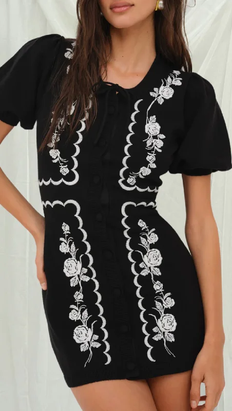 Josephina Knit Mini Dress - Black Comfortable Polka Dot Mini Dress