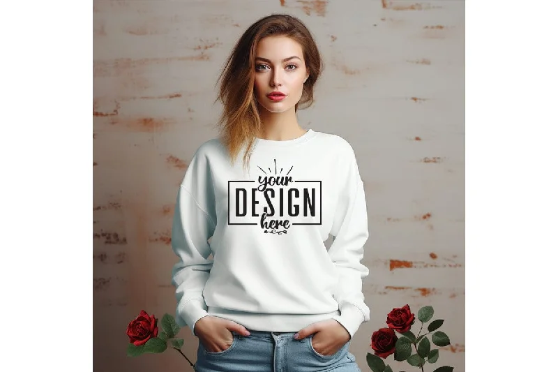 Gildan 18000 Woman White Sweatshirt Mockup Hoodie with Raw Hem Edgy Unfinished