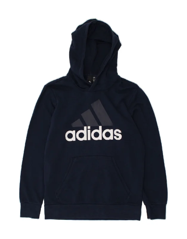 ADIDAS Womens Graphic Hoodie Jumper UK 14 Medium Navy Blue Cotton Hoodie with Monochrome Minimalist Simple